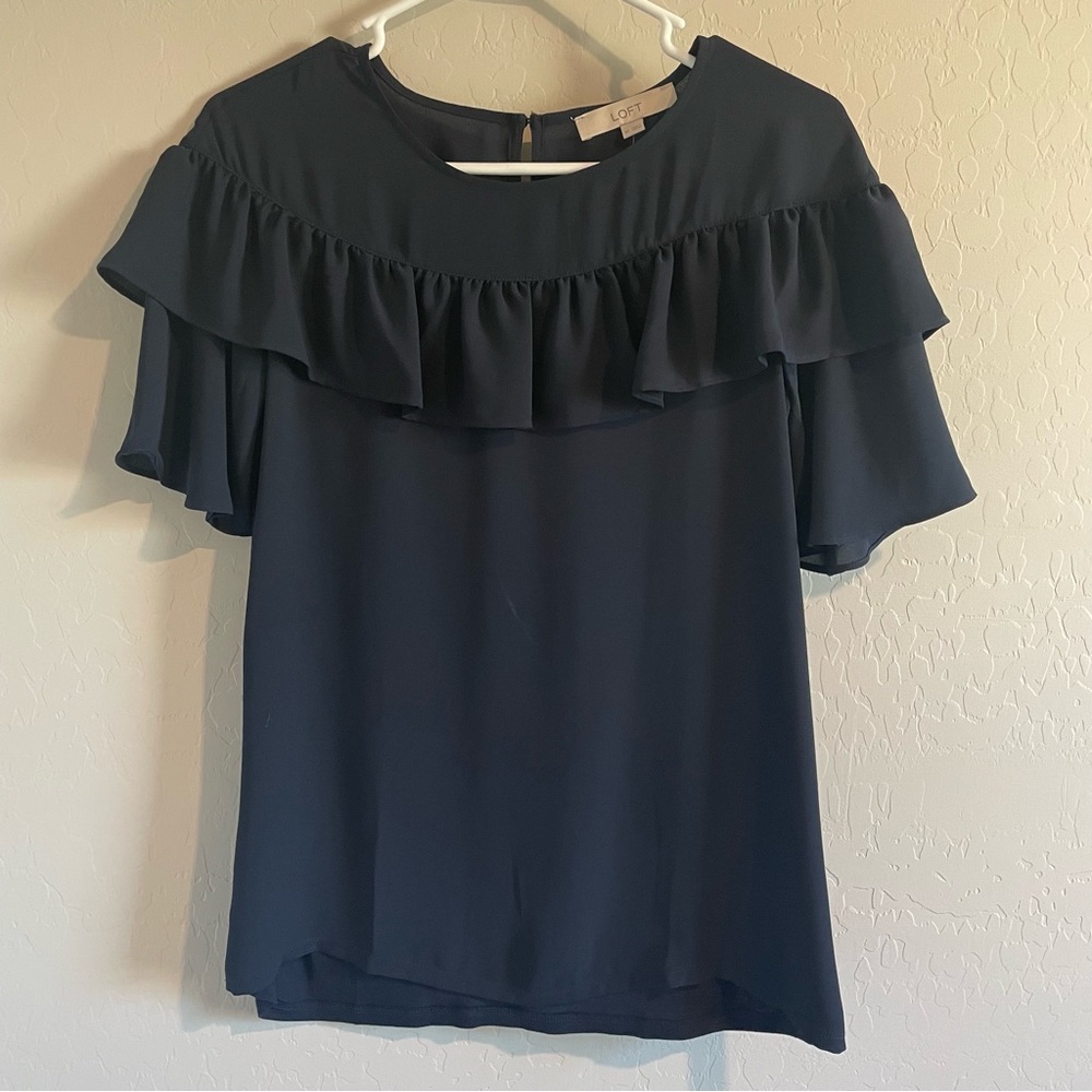 NWT LOFT navy ruffle short sleeve top